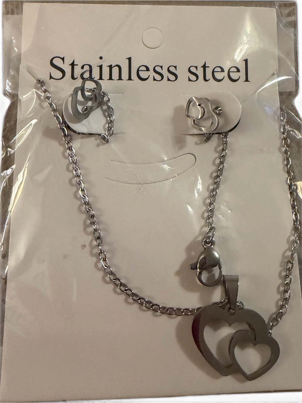 Double Heart Stainless Steel Necklace & Earring Set